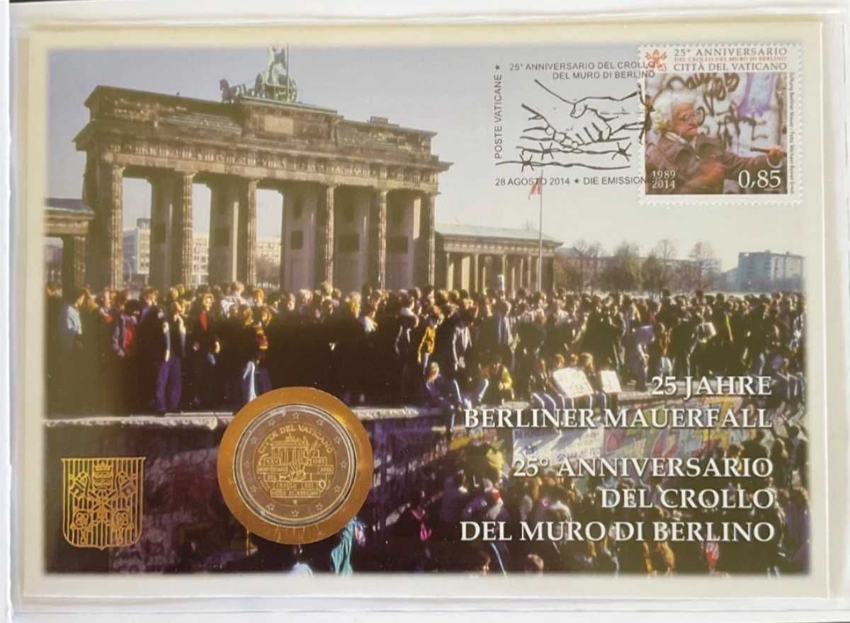 Moeda 2 eur e selo Vaticano 2014 Queda do Muro de Berlim