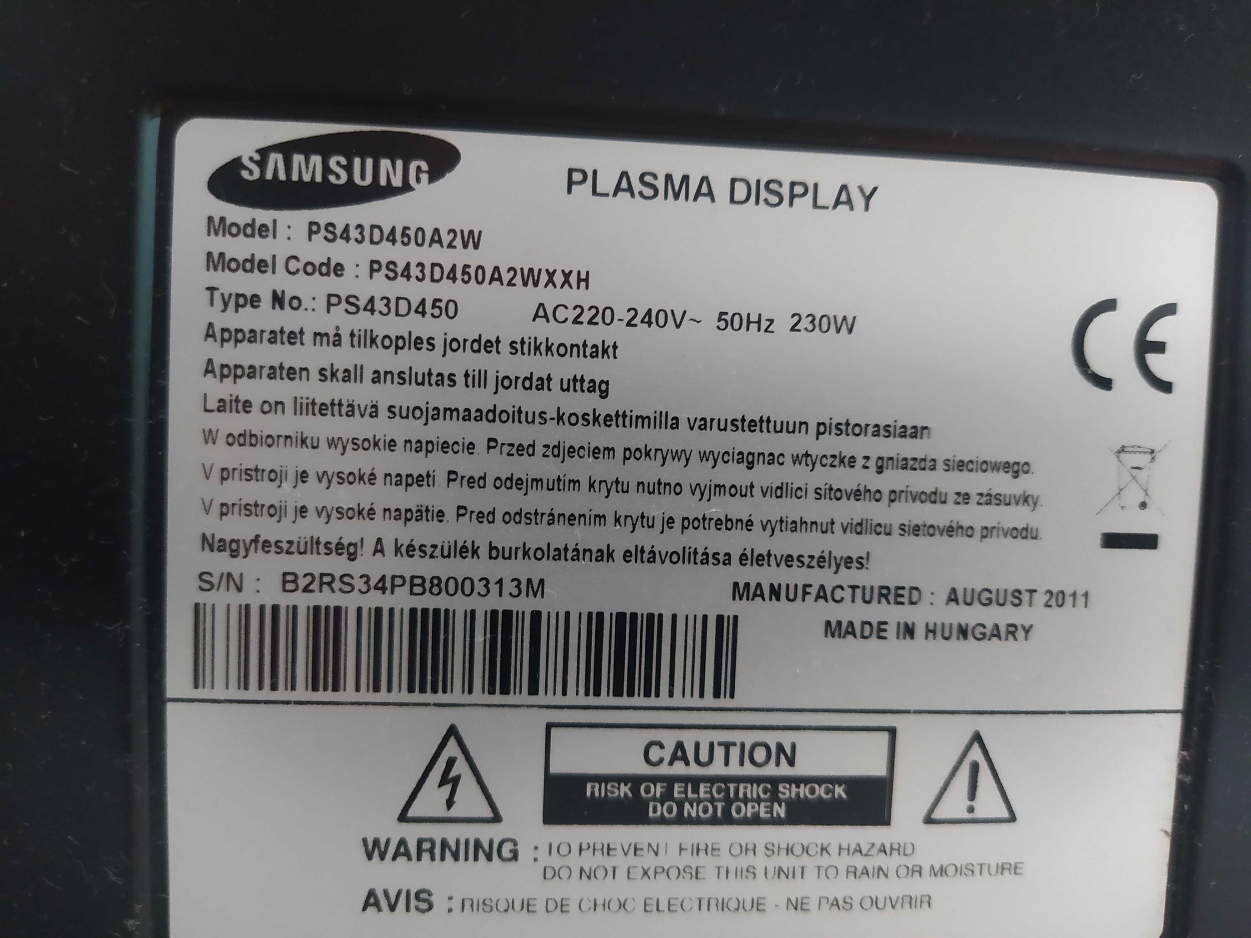 Telewizor Samsung plazma 43 model Ps43d450a2w