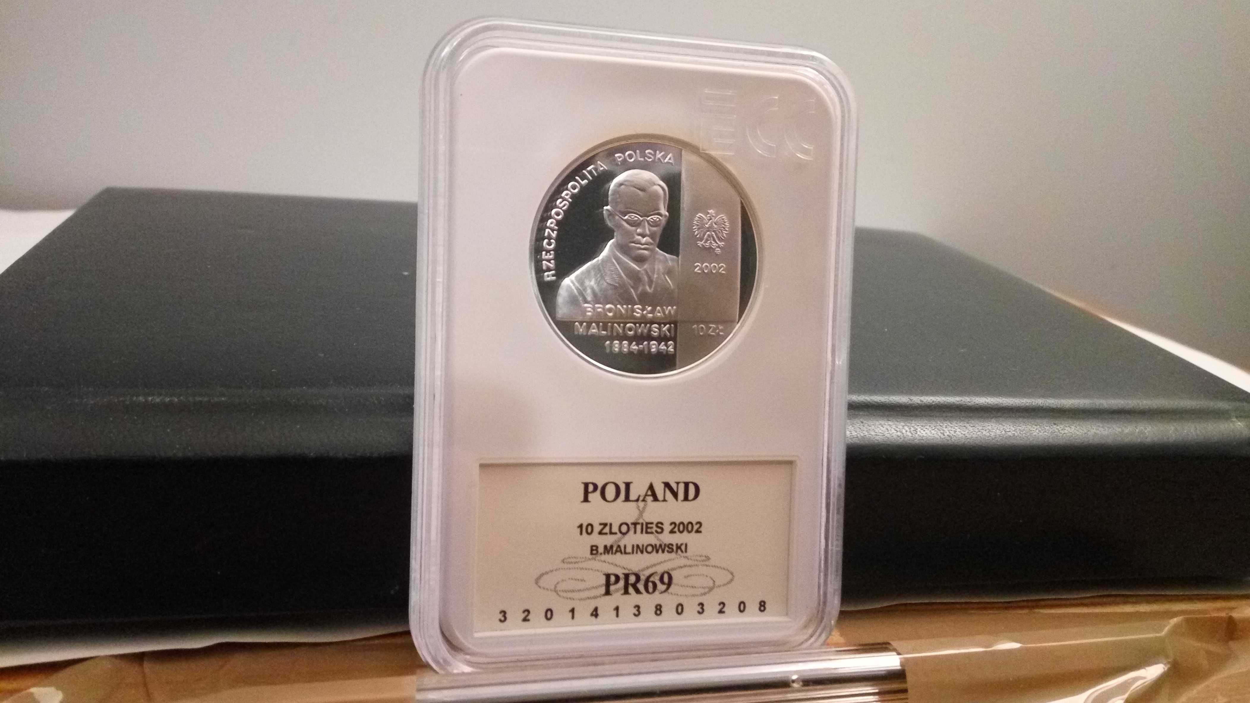 Moneta srebro, Polska 10 zł, Bronisław Malinowski, 2002, Grading PR69