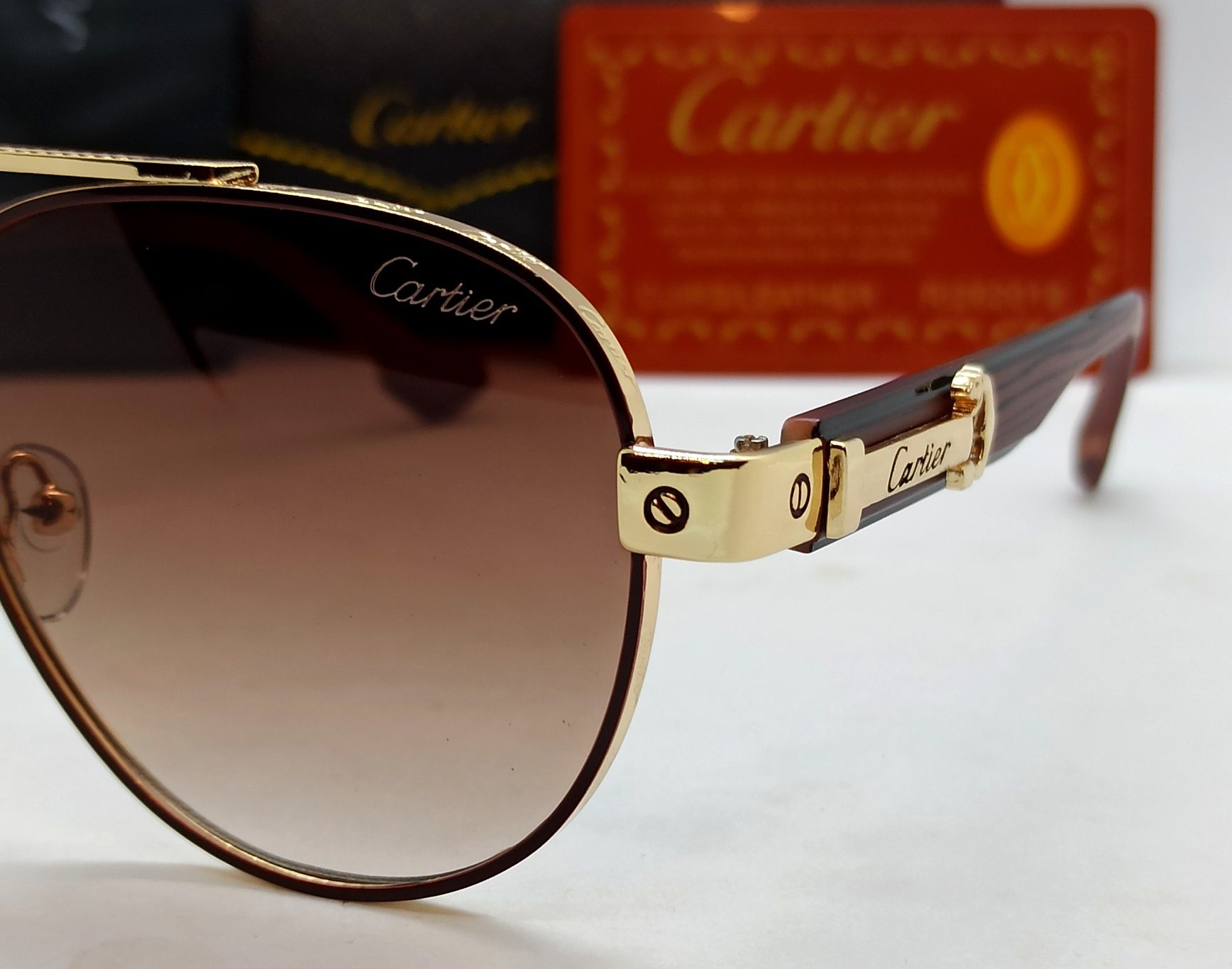 Cartier очки капли мужские солнцезащитные коричневые в золотом металле