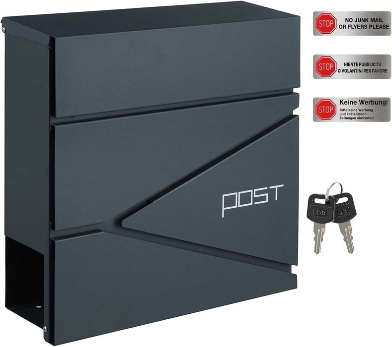 Skrzynka na listy montaż ścienny z uchwytem na gazety, klucze antracyt