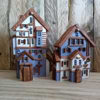 Domki drewniane fioletowe kamieniczki dekoracja