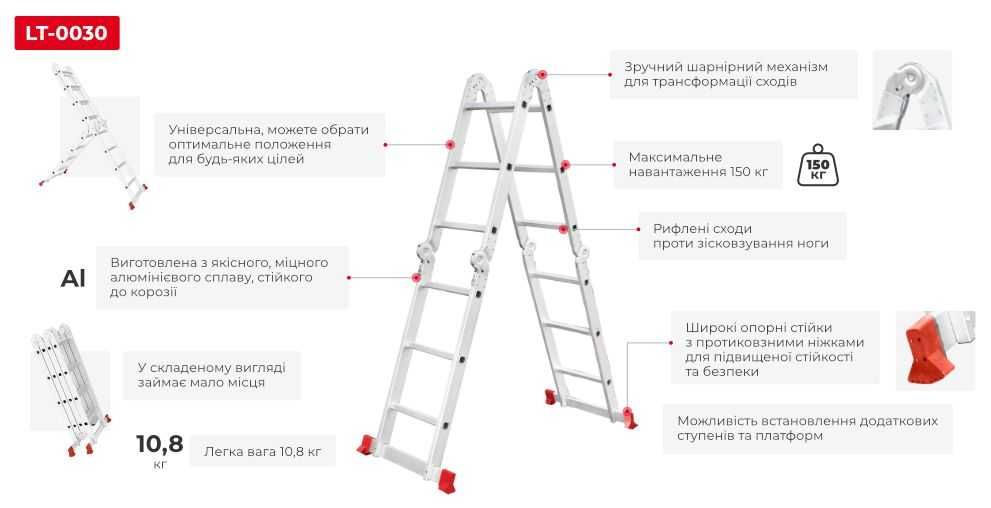 Драбина з алюмінію (4*3 сходинки, 3,70 м). INTERTOOL LT-0030.