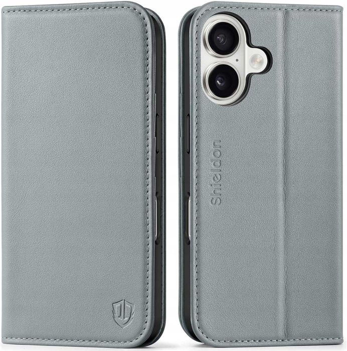 Shieldon naturalne etui skórzane z klapką iPhone 16 portfel RFID szare