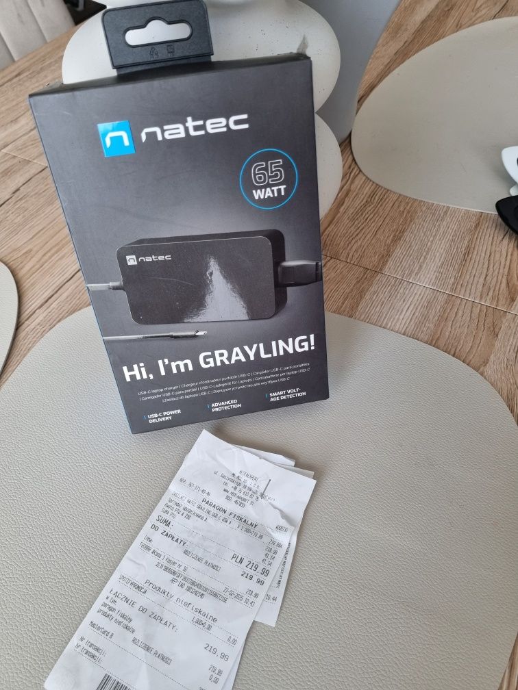 Zasilacz do laptopa, ładowarka Natec USB-C, paragon, Gwarancja