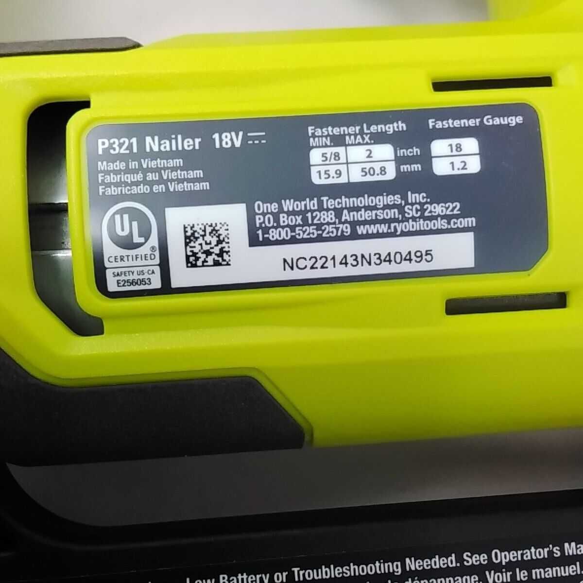 Ryobi One+ P321B 18V финишный нейлер 18 калибр Оригинал США