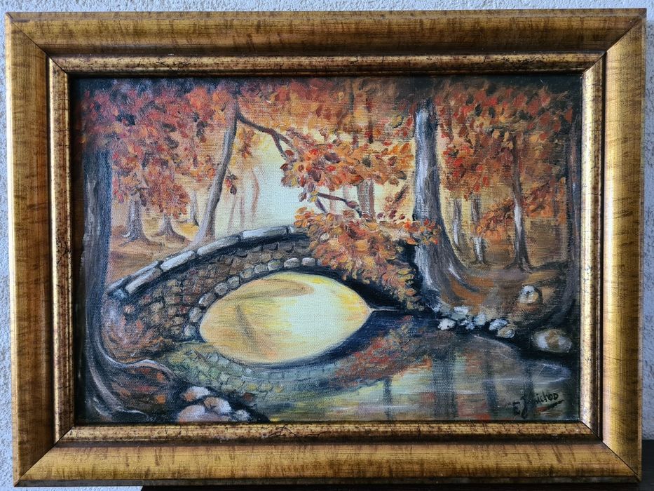 Ręcznie malowany obraz olejny na płótnie "jesień" 35x24cm rama 4cm