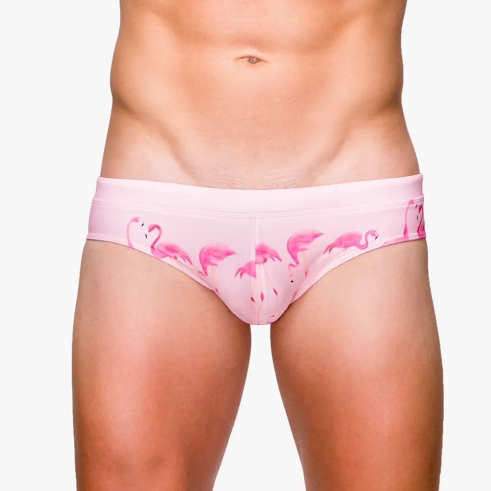 Sexowne Męskie Kąpielówki Flamingi Slipy z Wkładką Push Up - XXL