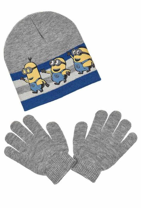 szary zestaw jesień/zima czapka+rękawiczki z nadrukiem w Minionki