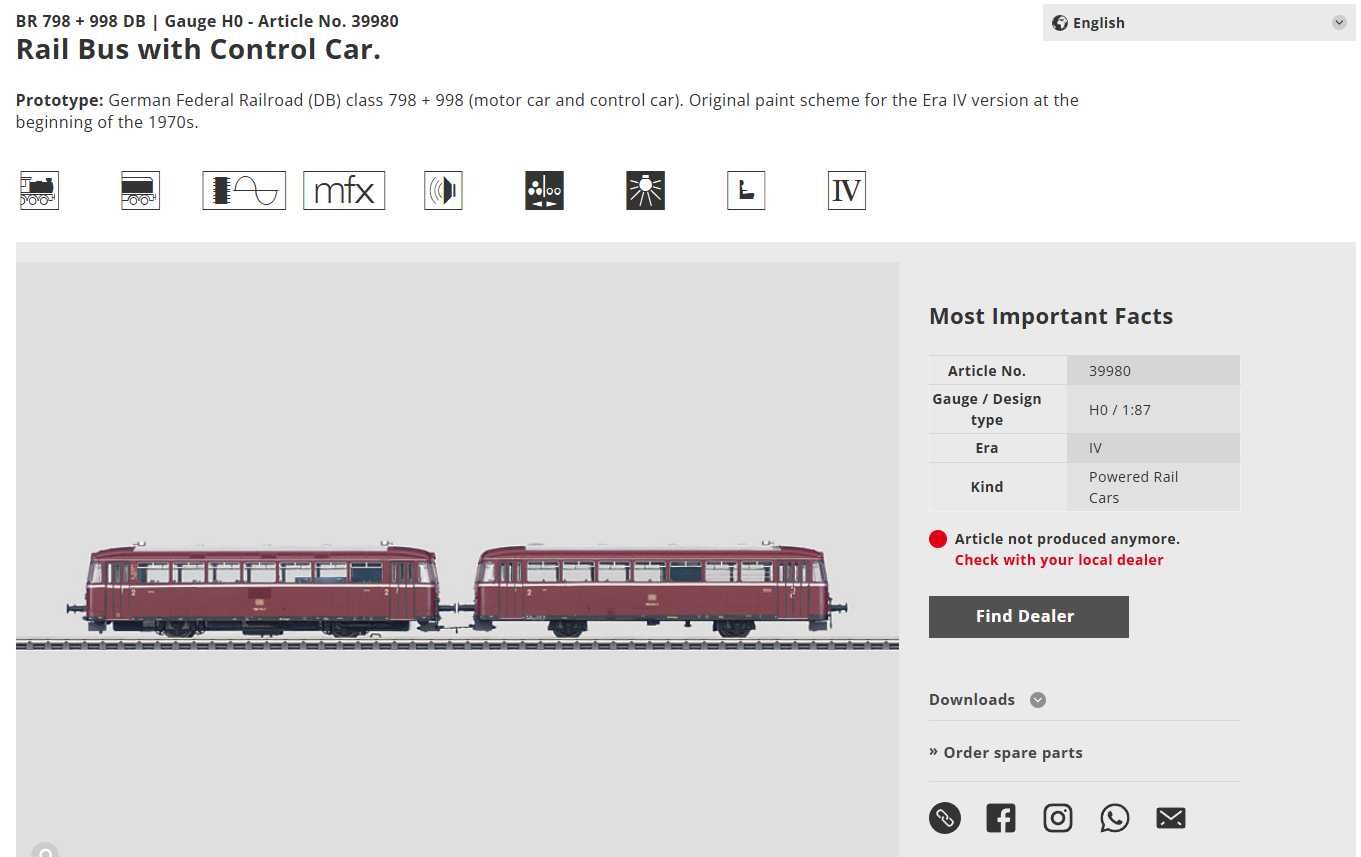 marklin 39980 BR 798  998 DB  Gauge H0  Article No 39980