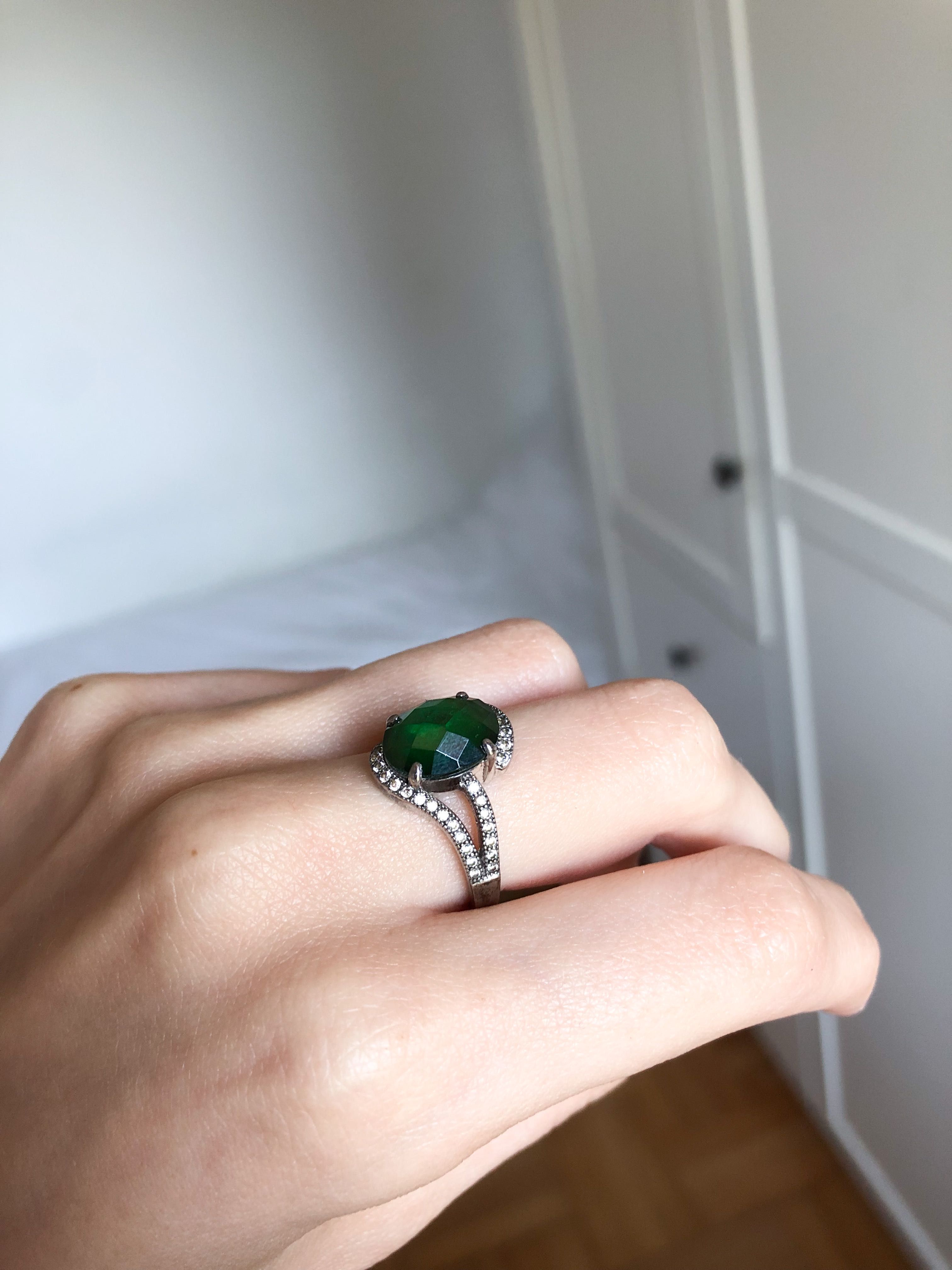 srebrny pierścionek retro zielone oczko ze szmaragdem silver ring