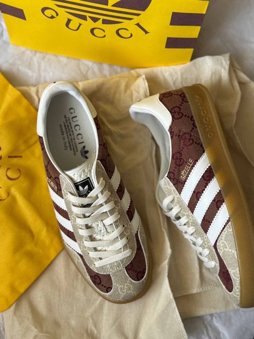 Жіночі кеди Adidas Gazelle Gucci беж бордовий сірий