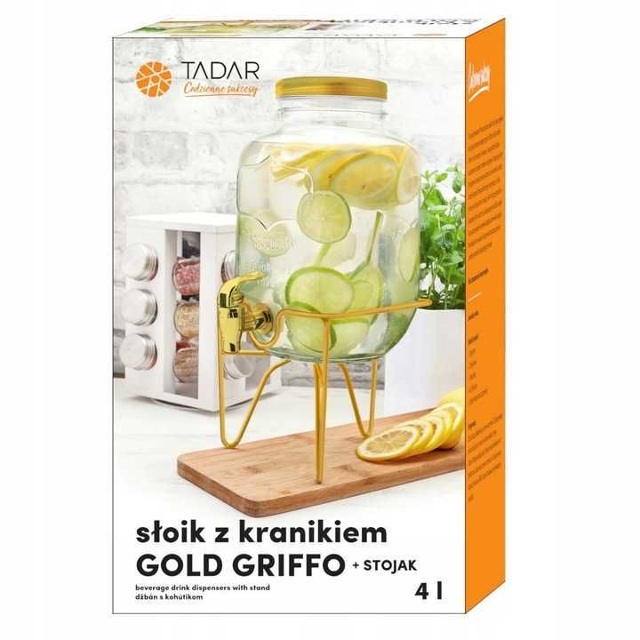 Słoik z kranikiem i stojakiem Tadar Gold 4 l Stylowy, Elegancki