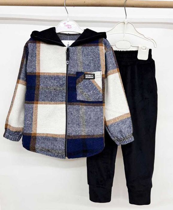 Теплий костюм клітинка кашемір+велюр хутро 98-158 см костюм клетка топ
