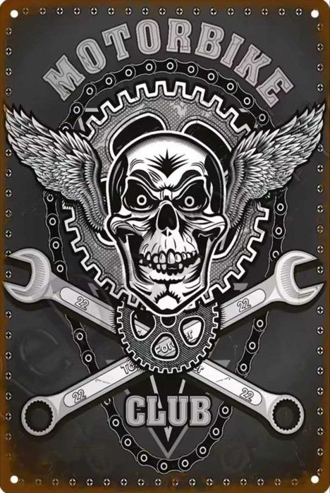 Металлическая винтажная табличка Motorbike Club. Череп и гараж 20х30см