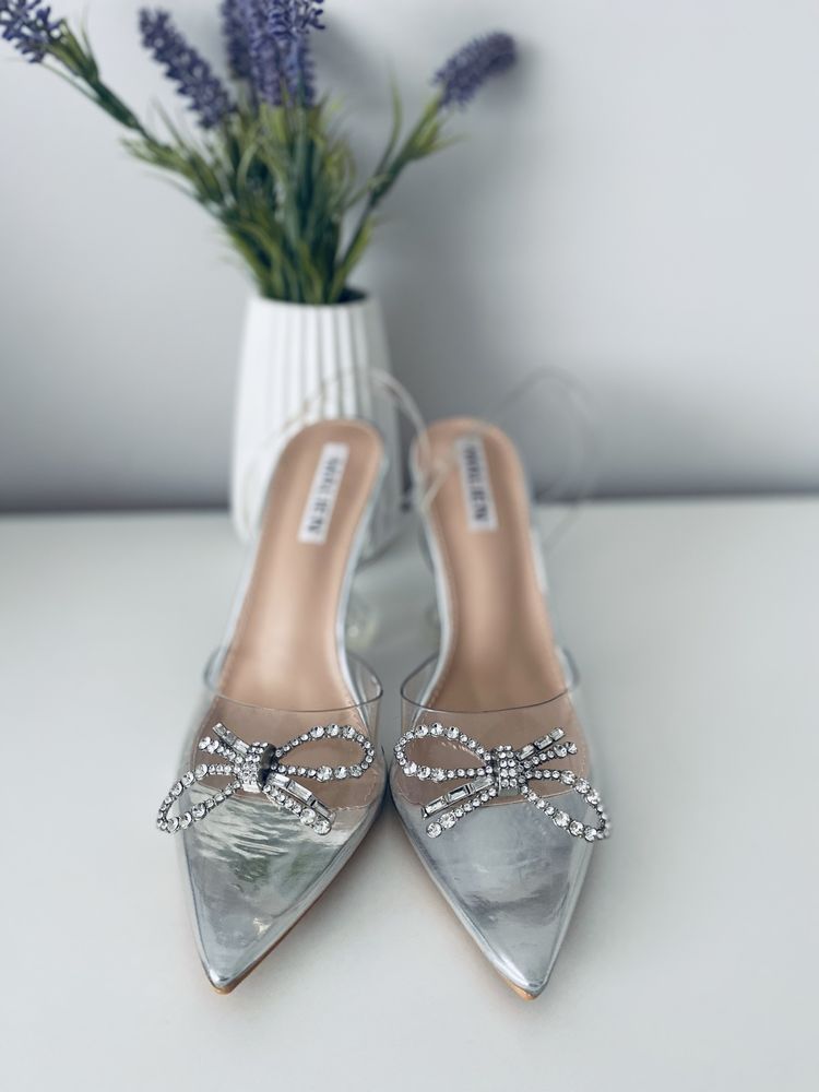 Buty na obcasie szpilki transparentne sandały z kokardką