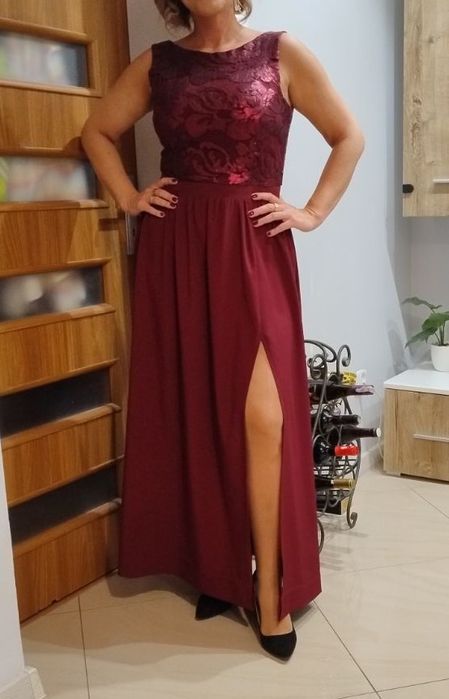 Długa elegancka bordowa sukienka z rozporkiem karnawał wesele 38/40