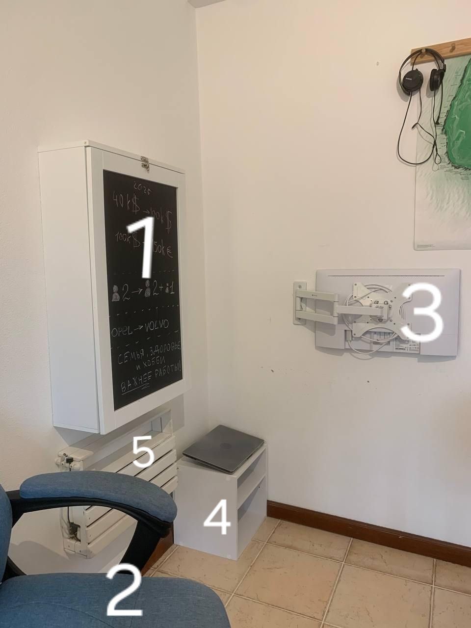 Espaço de trabalho (mesa, cadeira,  monitor)
