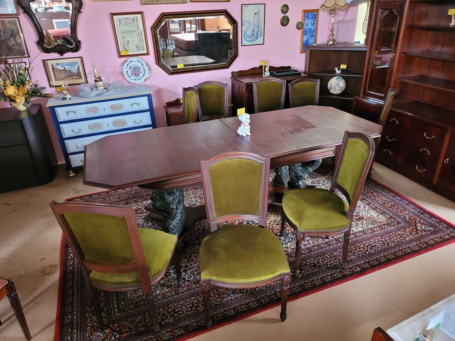 Cadeiras antigas em madeira maciça e veludo de cor verde -ópti