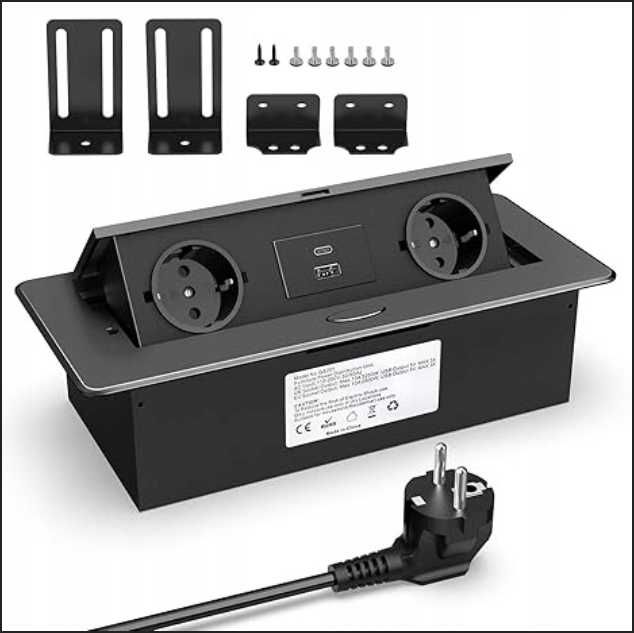 Wysuwana Listwa Zasilająca USB C PD20W 2 Gniazda do Blatu 2500W Czarna