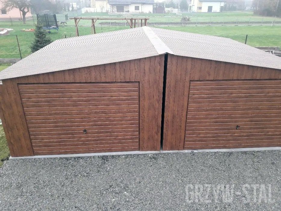 Podwójny Garaż Blaszany w kolorze Orzech - 8x6m - GrzywStal