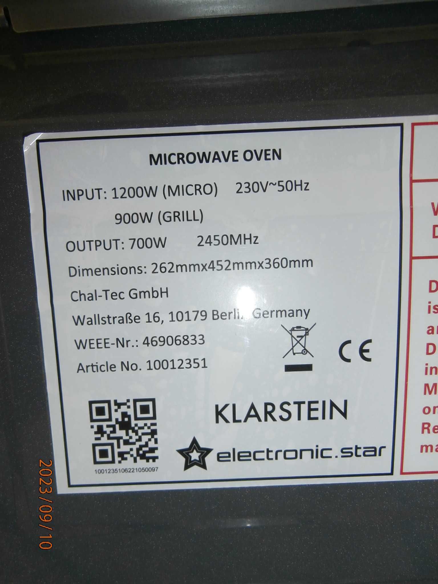 Mikrofalówka Klarstein ceramiczna z grillem 1200/900 W, 30 litrów