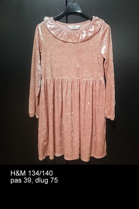 134/140 sukienka welurowa z kołnierzykiem H&M 2 szt czerwona i różowa