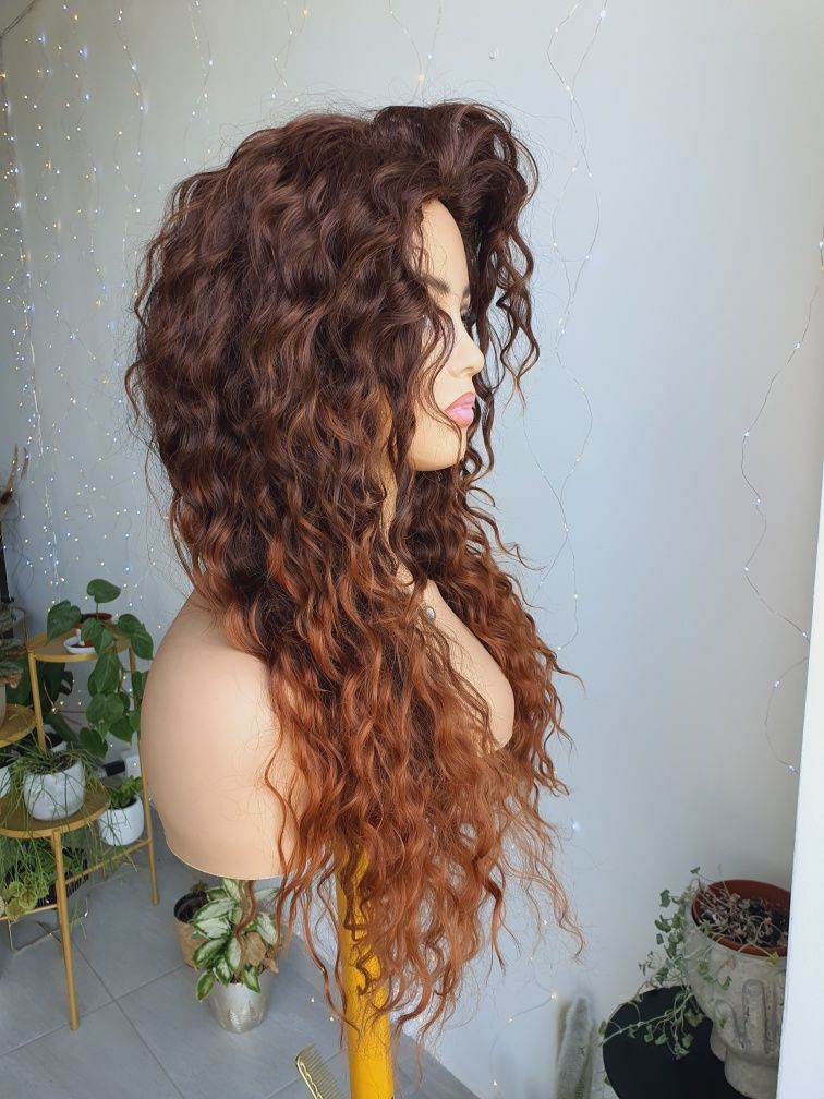 Długa peruka fale loki afroloki brąz ombre naturalna fryzura
