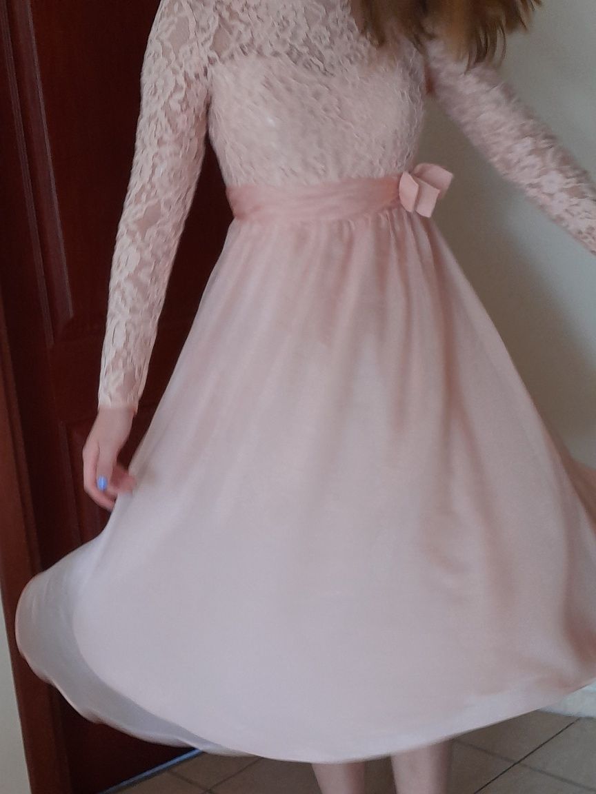 Suknia midi morelowa z rękawem r.32-34"asos"