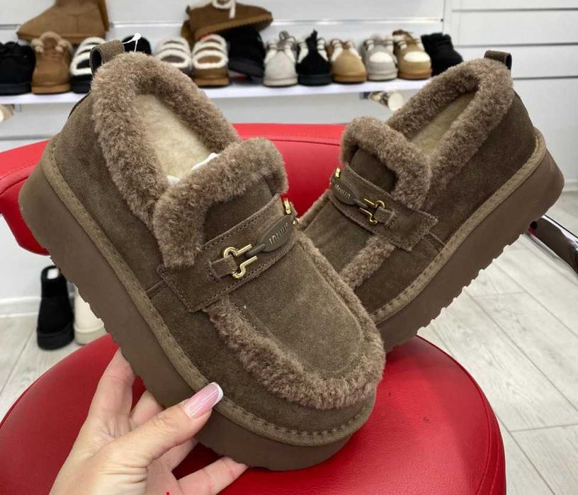 Коричневі лофери угги натур. замша, зимние лоферы коричневые 36-40р