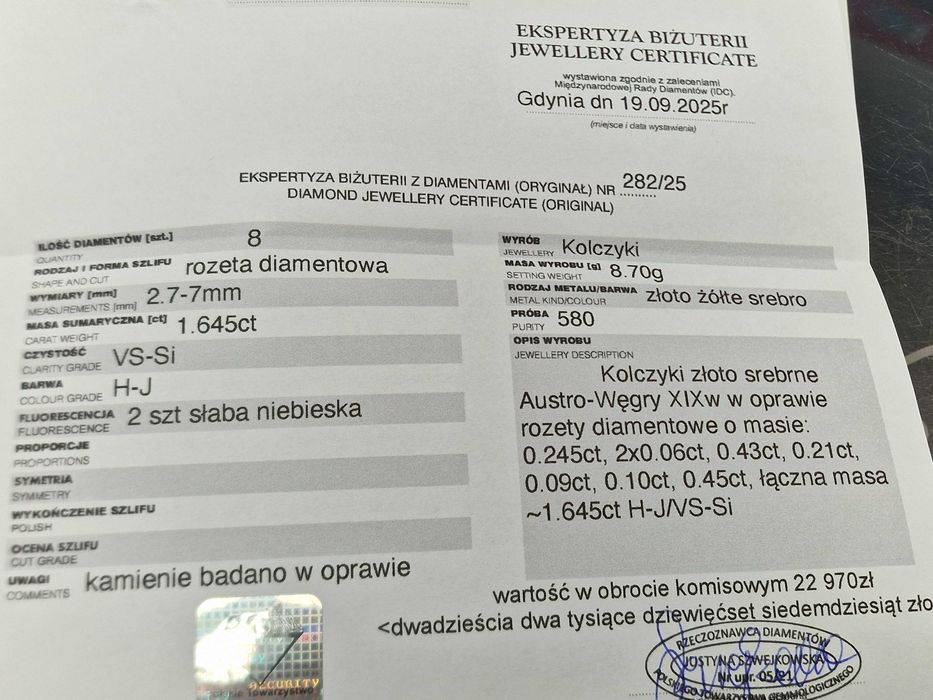 Złote kolczyki/ 580/ AUSTRO-WĘGRY/ 8.70 gram/ 8x DIA/ 1.64ct/ wycena