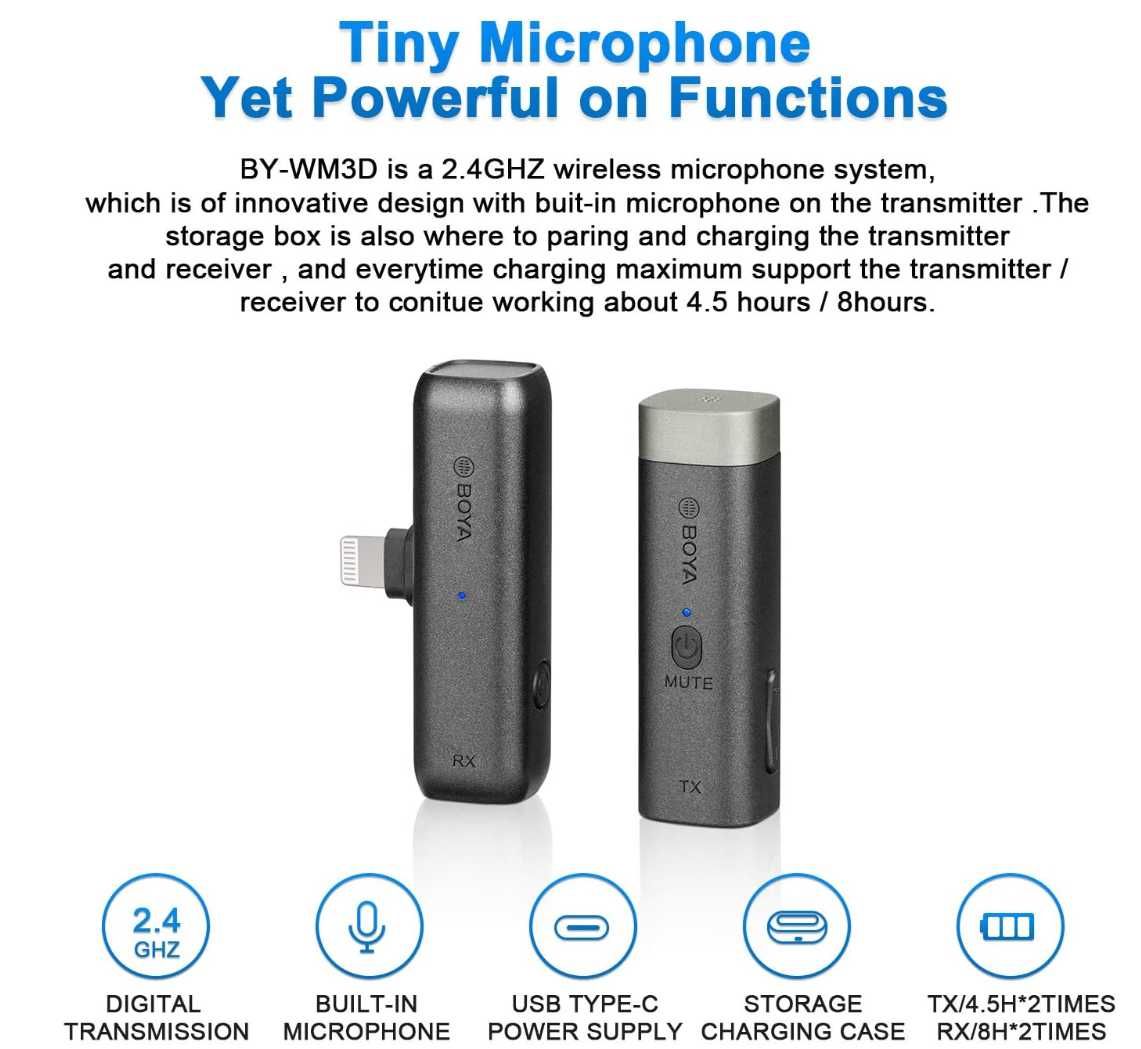 Boya Bezprzewodowy mikrofon BY-WM3D 2,4 GHz z adapterem Lightning