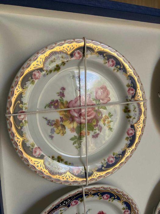 Conjunto porcelana vintage padrão folha de ouro sobremesa c caixa