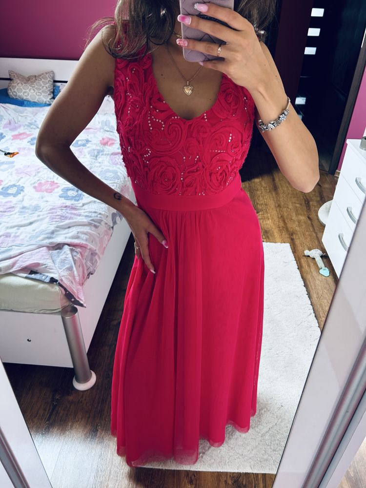Sukienka maxi długa malinowa zdobiona wiązanie s cekiny tiulowa butik