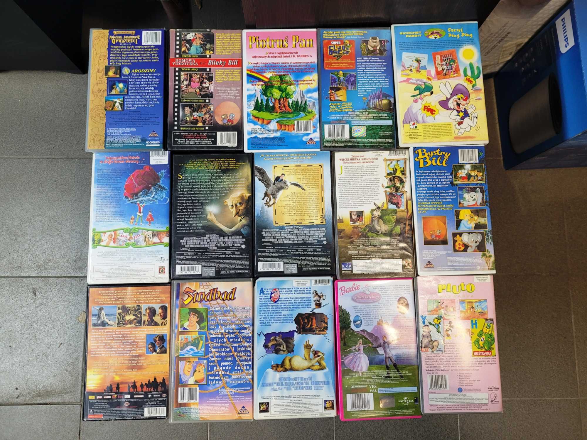 Kasety VHS PL np Harry Potter Shrek Szeryf Ping Ping Komplet 15 szt MŁ