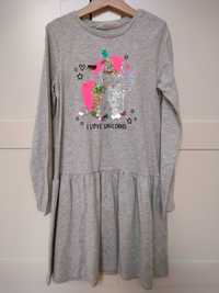 H&M bawełniana sukienka z cekinowym jednorożcem 134/140