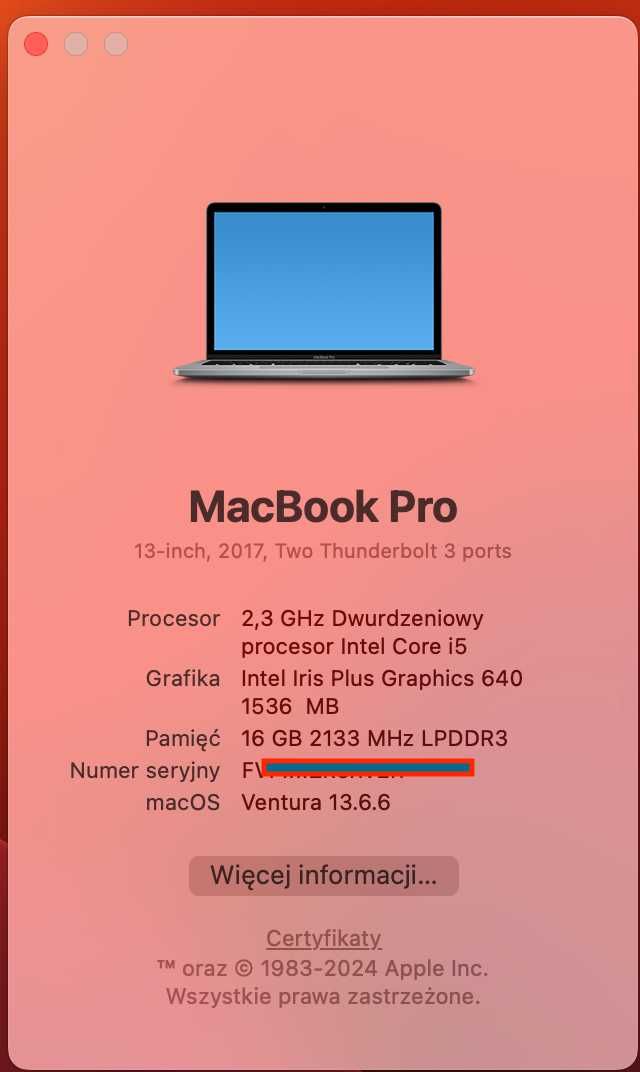 MacBook Pro 13' model A1708, 2017r. 16GB Intel core i5, 256 SSD