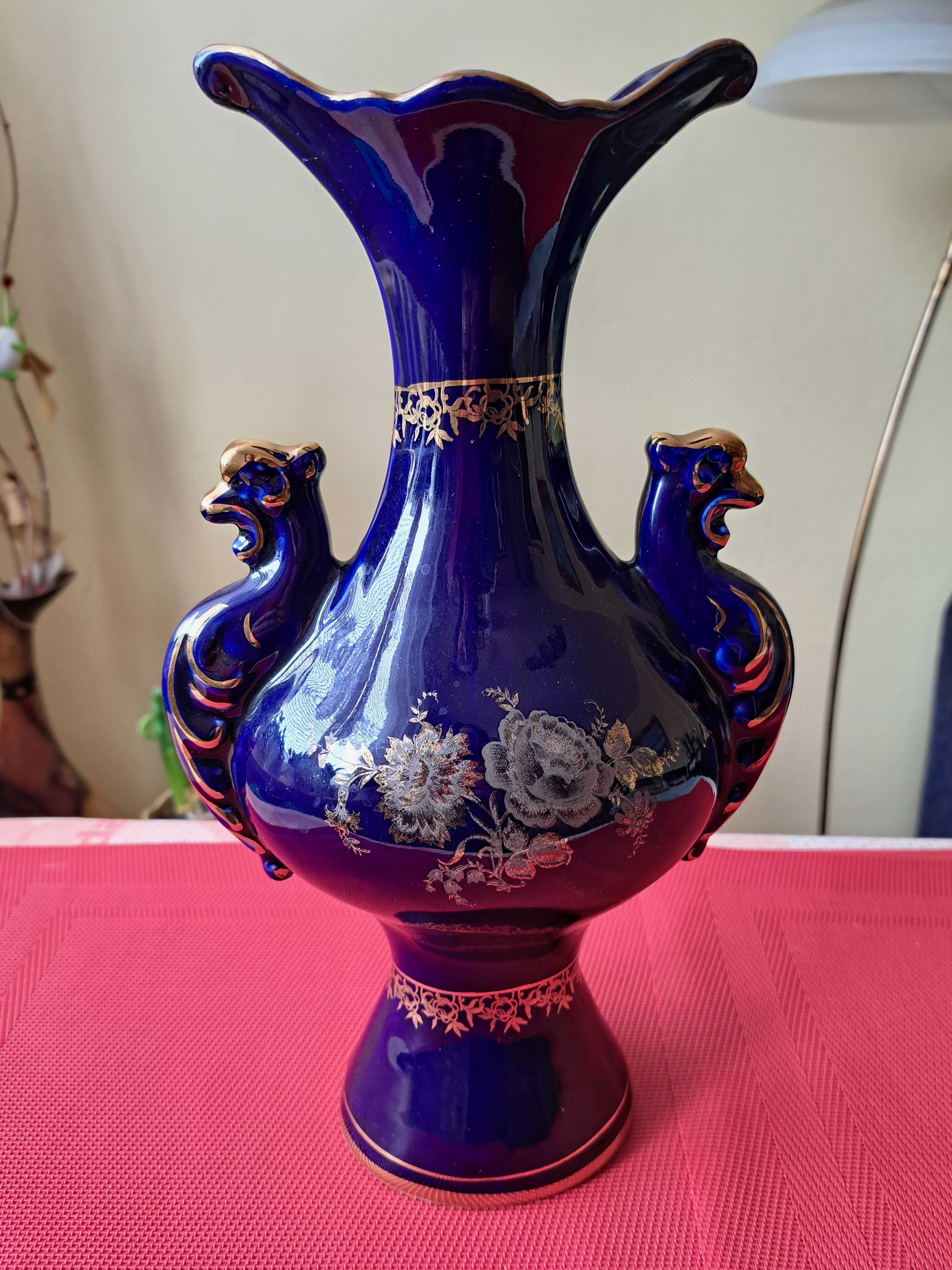 Piękny stary ceramiczny kobaltowy wazon 31 cm PRL