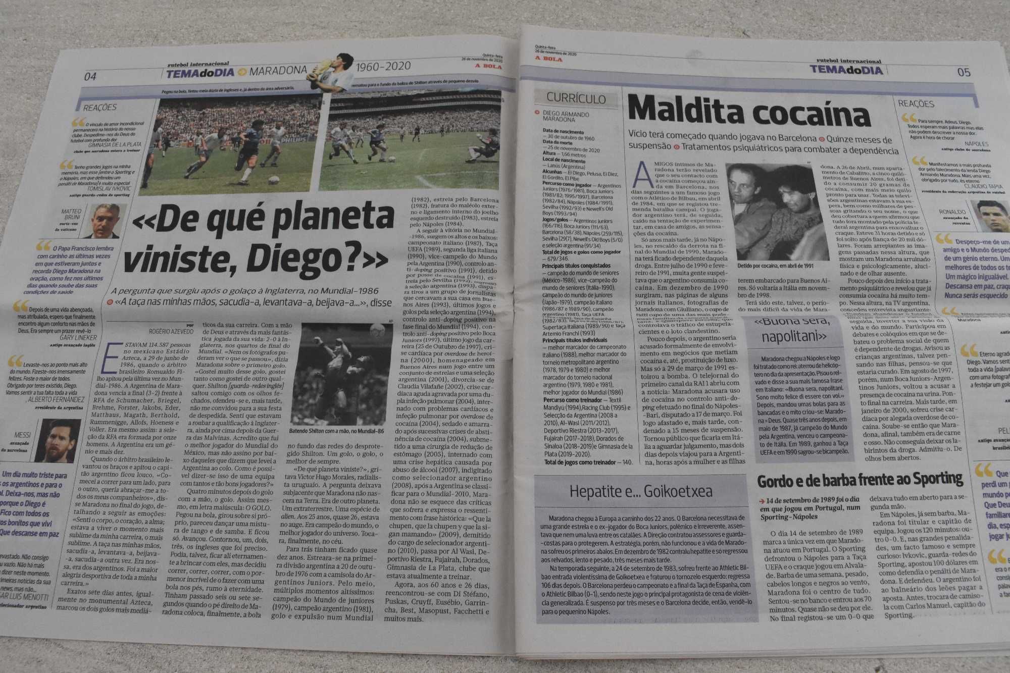 Vendo jornal A Bola 26 Novembro 2020 (falecimento Diego Maradona)