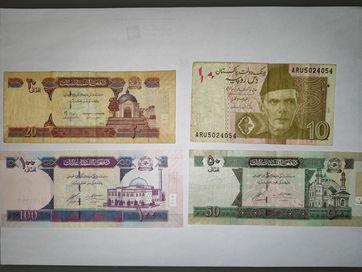 Zestaw 4 banknotów afganistan + Pakistan 20, 50 i 100 afgani