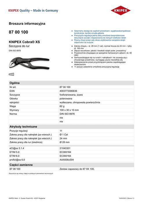 Szczypce Do Rur Cobra 100Mm Knipex