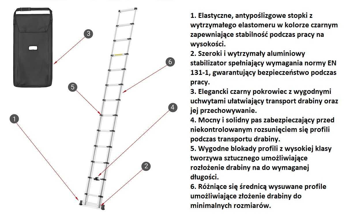 DRABINA TELESKOPOWA ALU przystawna do 440cm - ZASIĘG ROBOCZY do 5,7 m