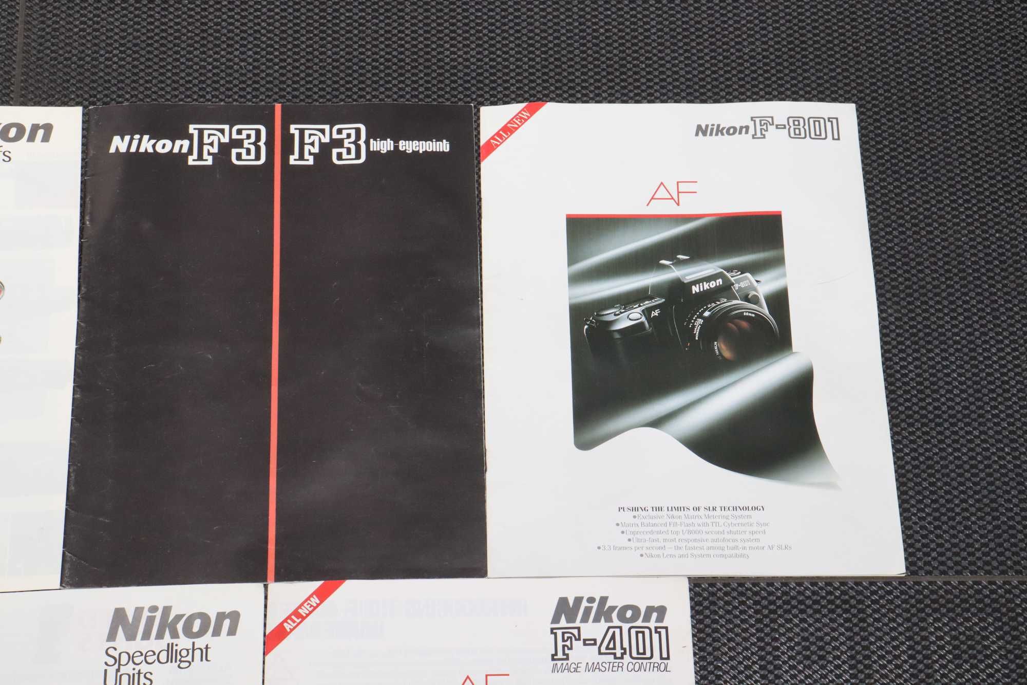 NIKON zestaw katalogów prospektów F3 F-801 F-401 obiektywy lampy