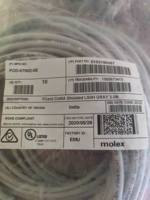 Kabel Molex Powercat 6A 4PR LAN 3m patch cord RJ45 U/FTP sieciowy kros