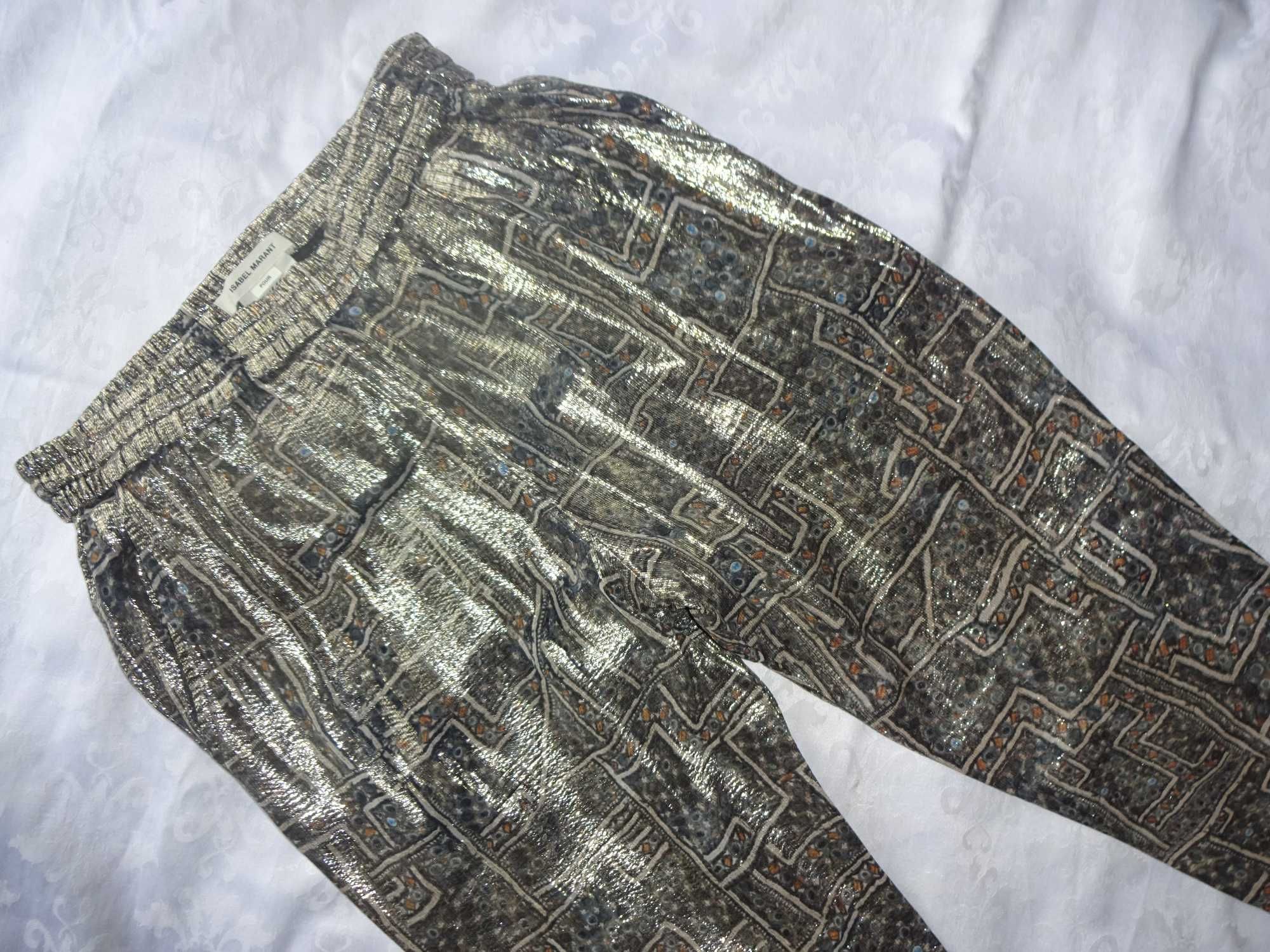 Isabel Marant H&M pour jedwabne cieńkie metaliczne złote spodnie