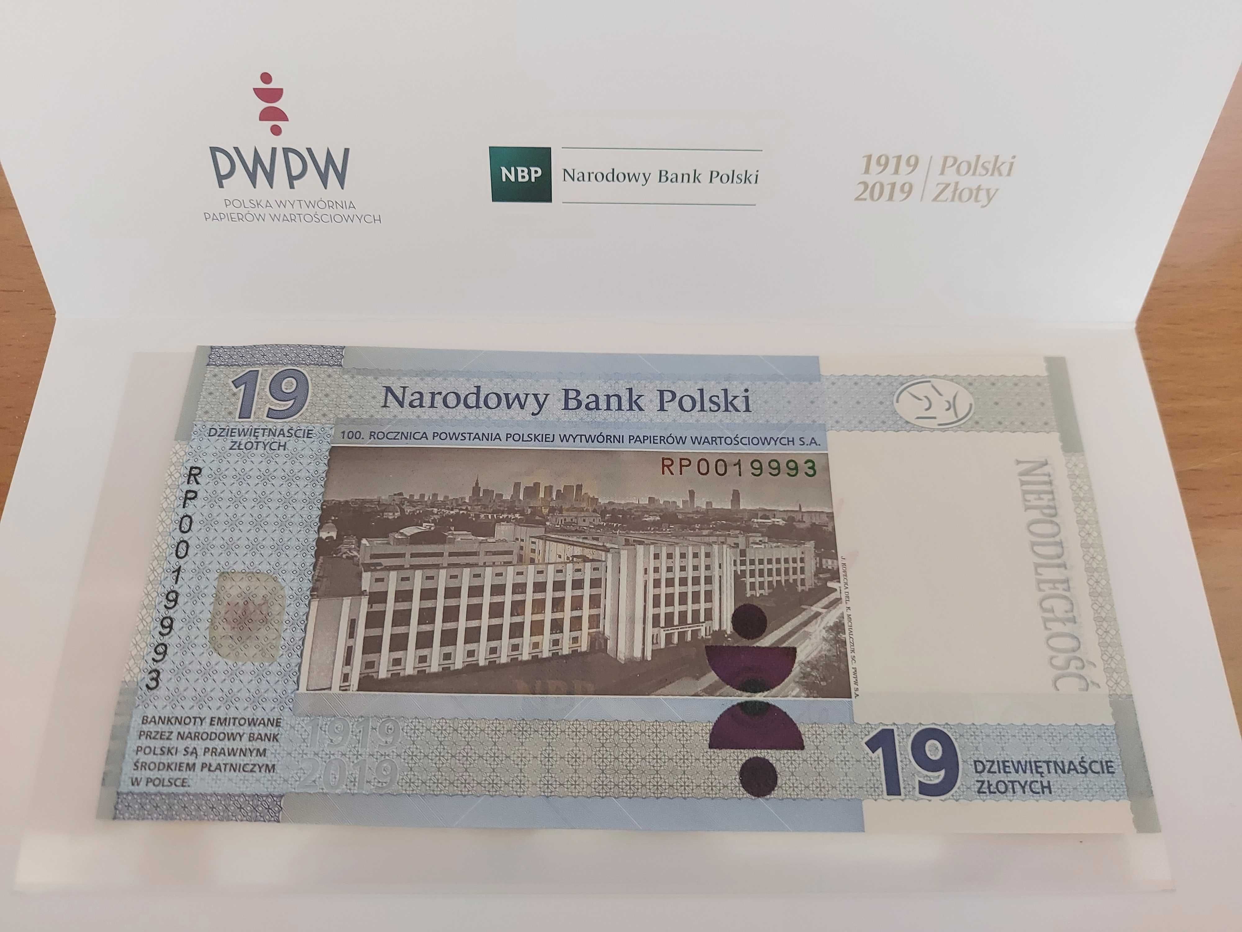 Banknot Kolekcjonerski 19 zł 100-lecie powstania PWPW