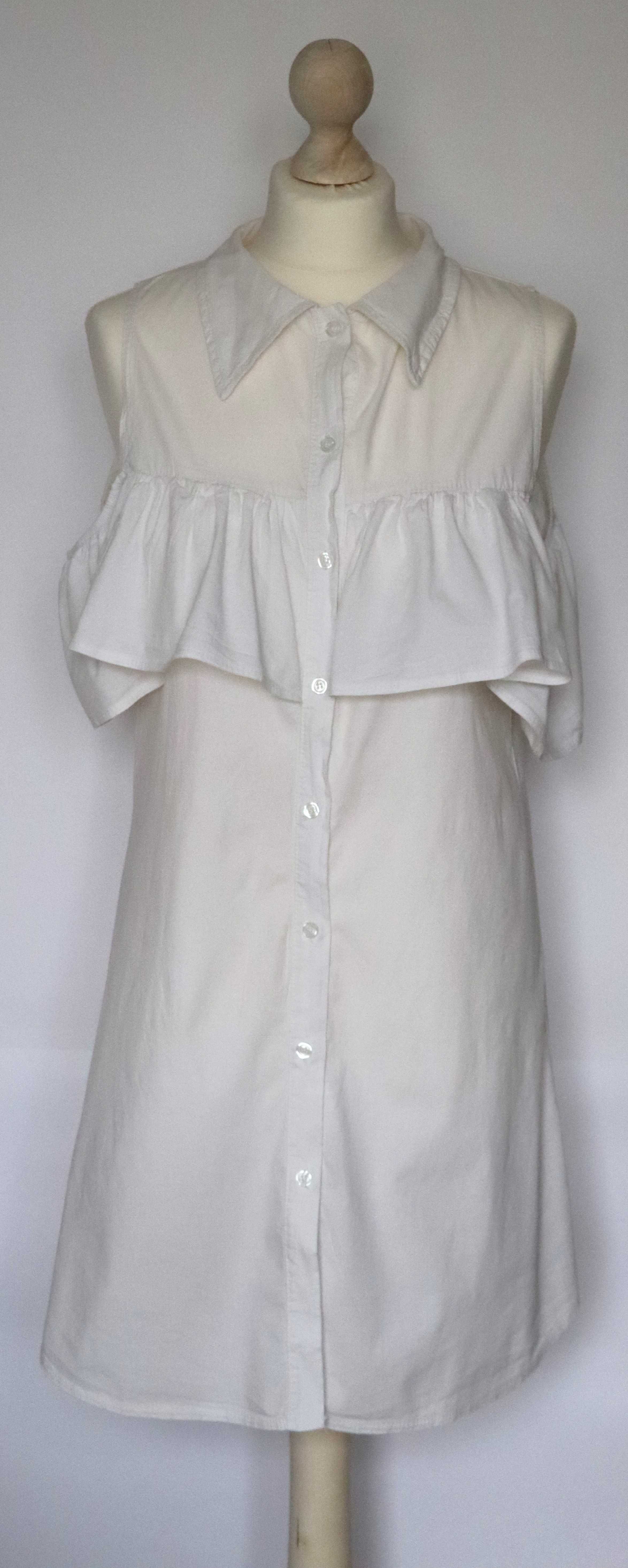 Biała sukienka koszulowa z falbaną, bawełna - wiosna / lato