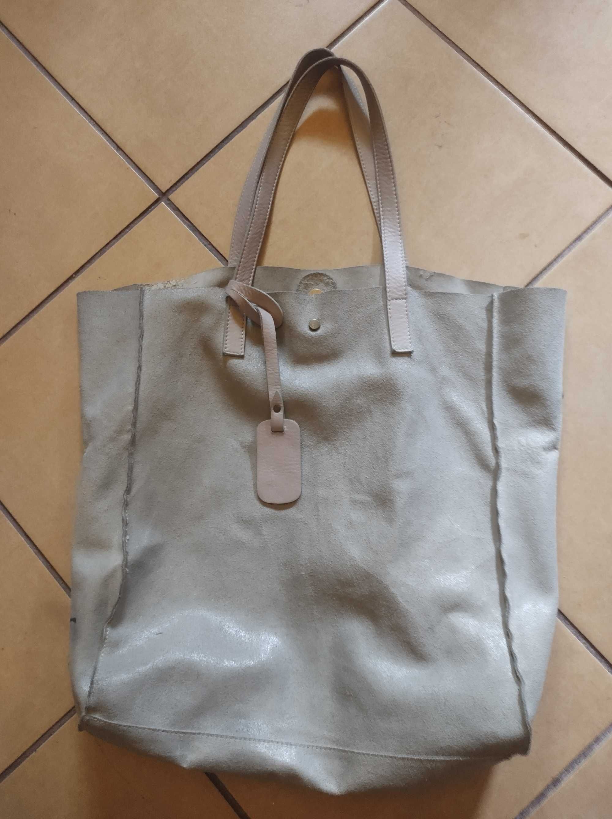 Made in spain torebka shopper worek z naturalnej skóry zamsz