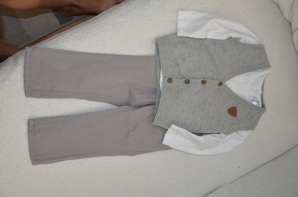 Komplet 3 częściowy elegancki kamizelka spodnie bluzka chrzest r.74