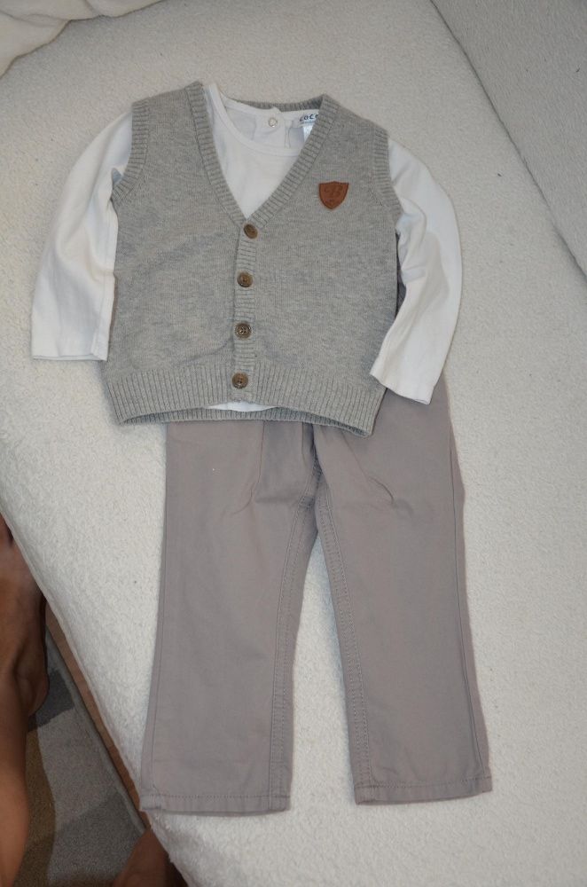 Komplet 3 częściowy elegancki kamizelka spodnie bluzka chrzest r.74